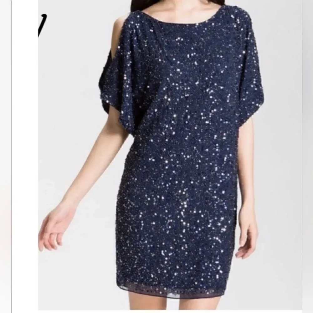 Aidan Mattox Cold Shoulder Sequin Dress Size 6 Black Party New Year's 100% Silk